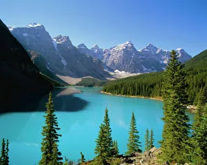 Kanadische Rocky Mountains Drucke: Moränensee im Tal der Zehn Gipfel in dem nationalen Park Banff in den Bergen Rocky Mountain Provinz Alberta Kanada