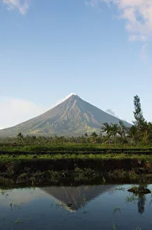 Drucke von Monte Mayo , 2462 m , nahe perfekter Vulkankegel mit Rauchplume im Reisfeld , Provinz Bikol , südöstlich Luzons Philippinen Südasien Asien Verwandte Bilder Drucke: Berg Mayon