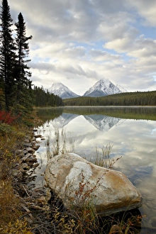 Mountain Peaks Reflected In Water Drucke: Mountains reflected in Leech Lake, Jasper National Park, UNESCO World Heritage Site