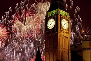 Drucke von Neujahrsfeuerwerk und der Big Ben in Westminster im Vereinigten Königreich Großbritannien in Europa Big Ben Drucke: Neujahrsfeuerwerk und der Große Ben (Big Ben)
