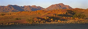 Namibia Travel Destinations Drucke: Panoramic view of mountains and dune glowing in last