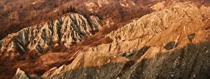 European Panoramic Views Drucke: Panoramic view at sunset on badlands, Emilia Romagna, Italy, Europe