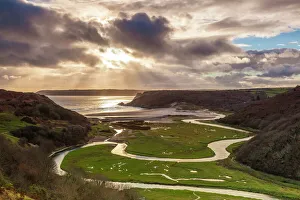 European Landscape Photography Drucke: Pennard Pill, overlooking Three Cliffs Bay, Gower, Wales, United Kingdom, Europe