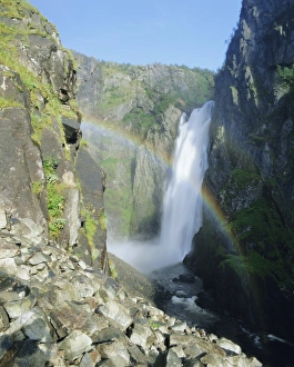 Waterfall In Scandinavia Drucke: Rainbow and Voringsfossen waterfall