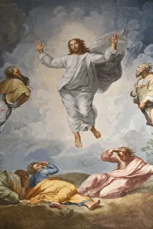 Drucke von Die Ölfedermalerei Raphaels vom Auferstehungsbild Jesu Christi auf der Tabernakeltafel des Hochaltars der Verklärung in der Petrusbasilika im Vatikan in Rom, Italien (Lazio), Europa Vatikanstadt Drucke: Die Ölmalerei von Raphael vom Auferstehungsbild Jesu auf dem Hochaltar des Altares