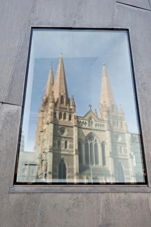 Low Angle Photography Tips Drucke: Reflection in window of St. Pauls Cathedral, Melbourne, Victoria, Australia, Pacific