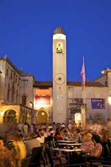 Clock Tower Photography Drucke: Restaurants, Clock Tower and Stradun, Dubrovnik, Croatia, Europe