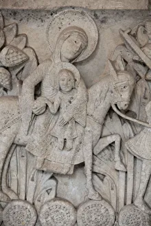 Romanesque Art Drucke: Romanesque bas-relief of the Flight into Egypt, capital of Saint-Lazare Cathedral, Autun