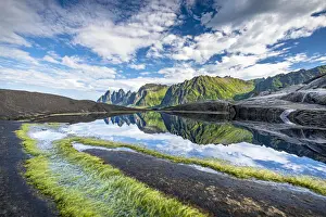 Troms County Landscapes Drucke: Seaweed on cliffs with mountains reflected in water in the background, Tungeneset, Senja