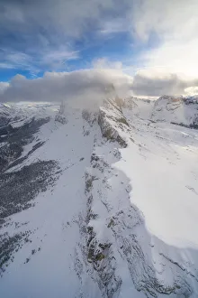 Dolomites Winter Landscape Drucke: Seceda and Odle mountain range in winter, aerial view, Val Gardena, Dolomites