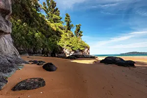 New Zealand Beaches Drucke: Secluded Sandy Cove Surrounded by Rocky Cliffs and Native Forest