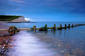 East Sussex Drucke: Sieben-Schwestern-Klippen von der Küste bei Cuckmere-Haven, Süd-Downs in East Sussex