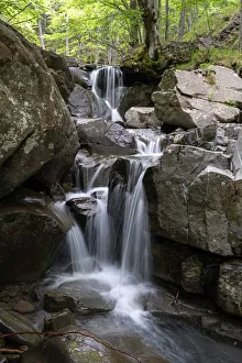 Kleiner Wasserfall zwischen Felsen im Wald, Emilia-Romagna, Italien, Europa
