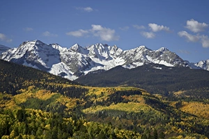 Drucke von Die Sneffels-Rücken mit Herbstfarben nahe Ouray im Bundesstaat Colorado der Vereinigten Staaten von Amerika in Nordamerika Colorado Drucke: Snöfellscher Gebirge mit Herbstfarben