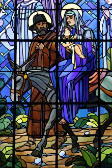 European Stained Glass Art Drucke: Stained glass window of the Flight into Egypt, in Chedde church, Haute Savoie, France