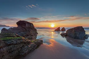 UK Coastal Scenery Drucke: Sun setting over Sango Bay beach in mid-summer, Durness, Highlands, Scotland, United