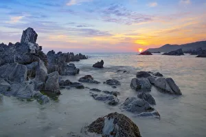 Atlantic Ocean Views Drucke: Sunset over Atlantic, Combesgate Beach, Woolacombe, Devon, England, United Kingdom, Europe