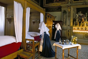 Historic Hospitals In Europe Drucke: Tableau shows work of the nursing Sisters, Hotel Dieu, Beaune, Burgundy, France, Europe