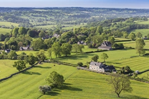 Peak District Landscape Drucke: Thorpe village, elevated view from Thorpe Cloud, Spring, near Dovedale, Peak District