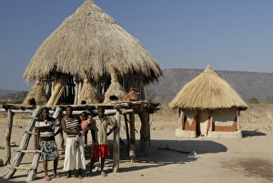 Traditional African Huts Drucke: Ttraditional thatch roofed house and grain storage, Lake Kariba, Zimbabwe, Africa