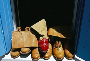 Olymbos Karpathos Island Drucke: Typical hand made leather Olymbos boots