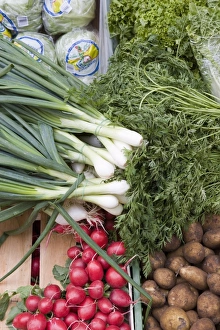 Market Stall Vegetables Drucke: Vegetables including spring onions, potatoes and radishes on market stall