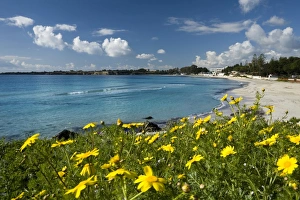 Blue Mediterranean Sea Drucke: View over beach in spring, Fontane Bianche, near Siracusa, Sicily, Italy