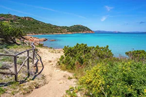 Mediterranean Coastline Europe Drucke: View of Capo Coda Cavallo beach from elevated position
