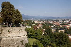 High Angle View Of A Town Drucke: View of Lower Town from Upper Town Wall, Bergamo, Lombardy, Italy, Europe