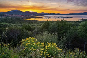 Sardinia Sunset Drucke: View of Melamar and mountainous backdrop at sunset, Sardinia, Italy, Mediterranean, Europe