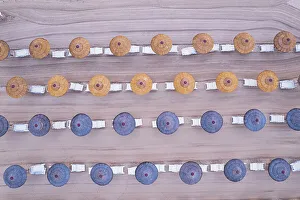 Mediterranean Sea Resorts Drucke: View from above of rows of beach straw umbrellas on an sandy beach