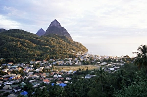Contemporary Travel Destinations Drucke: View over Soufriere and the Pitons in the background, St