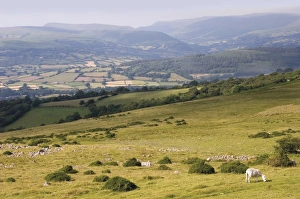 Brecon Beacons Scenery Drucke: View over the valley of the River Usk and the Black Mountains