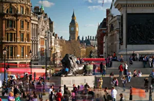 Drucke von Sicht von der Whitehallesstraße aus dem Trafalgarsquare in London im Vereinigten Königreich Großbritannien Europa Big Ben Drucke: Blick nach unten auf die Whitehall von Trafalgars Quadrat in London im Vereinigten Königreich Großbritannien Europa