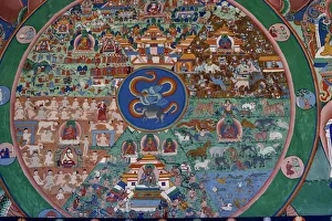 Tempel Drucke: Malerei des Wollenslehrs der Lebenswagen im Pönakha-Dzung in Butan Asien