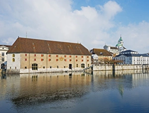 Solothurn Switzerland Drucke: Waterfront and Cathedral, Solothurn, Switzerland, Europe