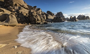 Mediterranean Sea Waves Drucke: Waves crashing on the sandy beach framed by cliffs, Capo Testa, Santa Teresa di Gallura