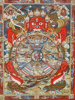 Ruder der Lebenszeit (Rad des Samsaras), Kloster Kopan, Bhaktapur, Nepal. Asien