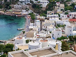 Windmills In Greece Drucke: Windmills and Pandeli Beach, elevated view