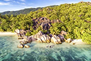 Island Getaway Destinations Drucke: Aerial view of Anse Source d Argent beach, La Digue island, Seychelles, Africa