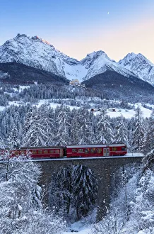 Fahrt der Berninabahn über dem Viadukt im Winter. Unterengadin, Kanton Graubünden