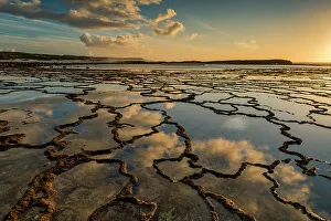 Tide Pool Photography Drucke: Clouds Refelcting in Tide Pools at Sunset, Vila Nova de Milfontes, Alentejo, Portugal