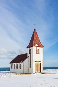 Snaefellsnes Peninsula Landscapes Drucke: Hellnar, Snaefellsnes Peninsula, Western Iceland, Iceland. Hellnar church in winter