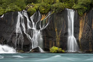 Western Iceland Landscapes Drucke: Detail of Hraunfossar waterfall falling from rocks in forest, Western Iceland, Iceland