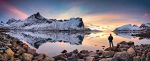 Norway Scenic Views Drucke: Man Looking at Bergsbotn Reflections at Sunset, Senja, Norway