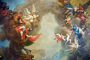Schloss Drucke: Schmuckvolle Inneneinrichtung und bemalte Decke des Barockstils
