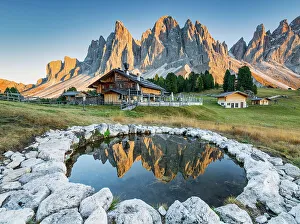 South Tyrol Nature Scenery Drucke: Puez Odle Range Reflecting in Pool, Val di Funes, South Tyrol, Dolomites, Italy