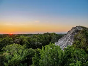 Central America Archaeology Drucke: Structure IX at sunset, elevated view, Becan Archaeological Site, Campeche State, Mexico