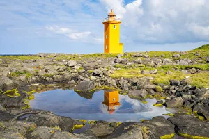 Icelandic Natural Beauty Drucke: Stafnesviti Lighthouse with reflection in puddle