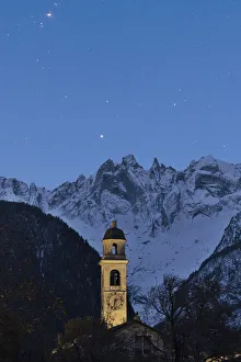 Starry Night Sky Switzerland Drucke: Starry sky over the bell tower and Sciore mountain range